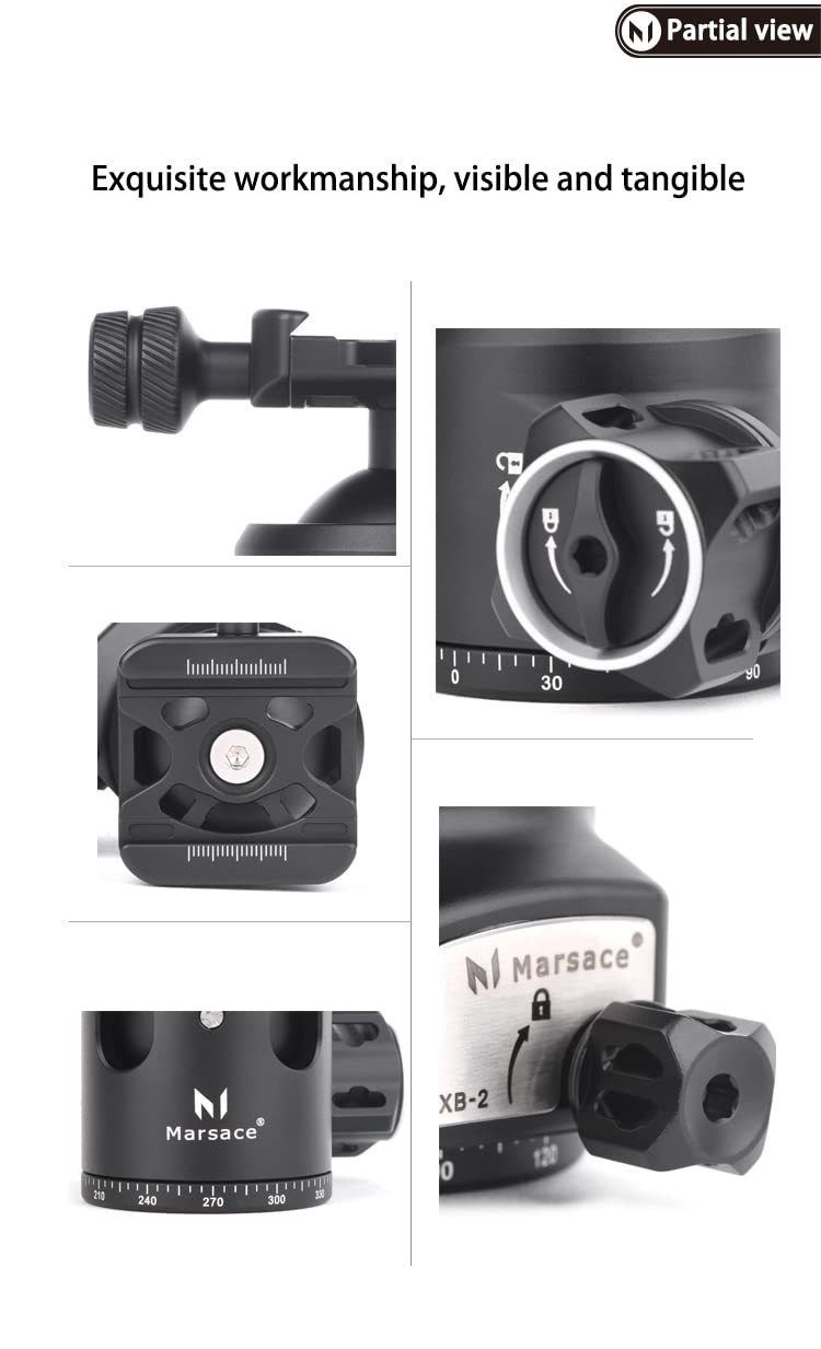 Testa a sfera MARSACE XB-2 a 360 gradi con forza di bloccaggio ridotta, 56 mm, per treppiede, monopiede, DSLR, videocamera, carico massimo 40 kg