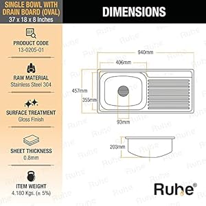 Ruhe® Drainboard 37 x 18 x 8 inches Kitchen Sink | 304-Grade Stainless Steel Oval Single Bowl with Drainboard Kitchen Sink | Glossy Finish | Including Sink Coupling and Waste Pipe Ruhe® Drainboard 37 x 18 x 8 inches Kitchen Sink | 304-Grade Stainless Steel Oval Single Bowl with Drainboard Kitchen Sink | Glossy Finish | Including Sink Coupling and Waste Pipe