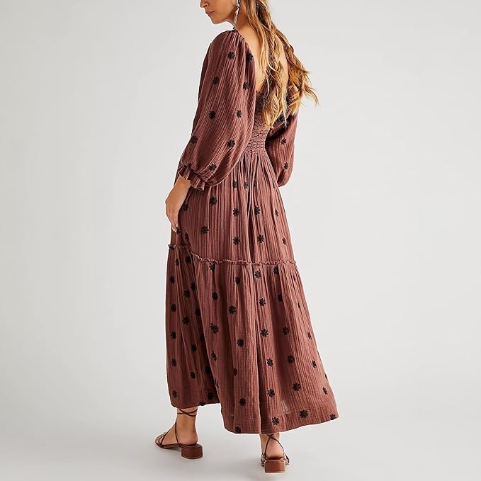 Women Floral Embroidered Maxi Dress Long Puff Sleeve Square Neck Bohemian Flowy Dress with Pockets Summer Fall3