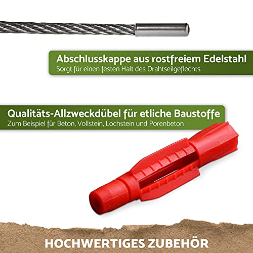 GARDELI® Rankhilfe aus Edelstahl für Kletterpflanzen, Profi-System als Komplettset mit Wandhaltern und 3mm Stahlseil (8 Halter, 12,5m Seil)