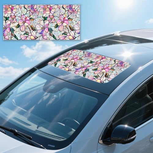 Image of JOONOR Purple Magnolia Flower Sunroof Film Floral Rainbow Effect Static Clings Window Privacy Film Sun Protection Stained Glass Decals for Car Moonroof & Side Windows, 17.72 x 35.43 Inch