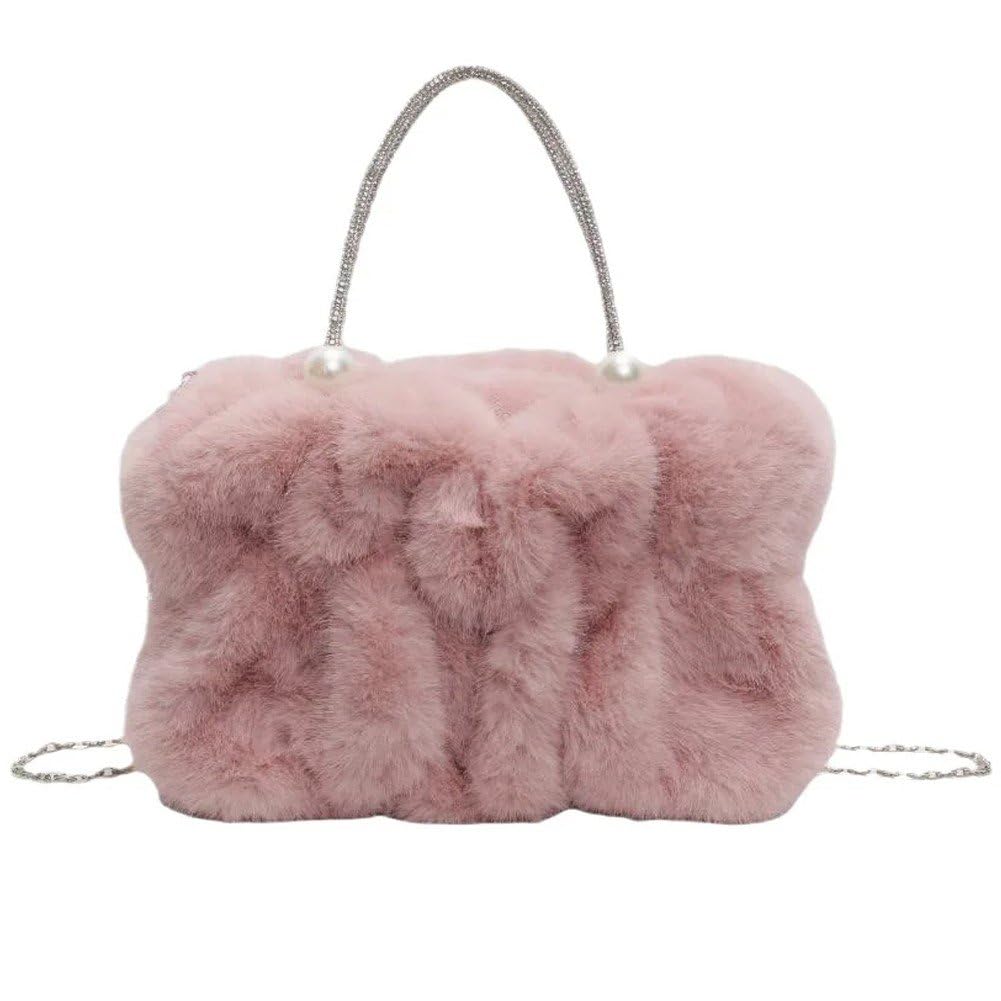 Sanfly Women's Pink Plush Pearl Tote Bag Fluffy Crossbody Purses Handbag Purse Fluffy Purse Cute Plush Bag Fuzzy Shoulder Bag For Woman
