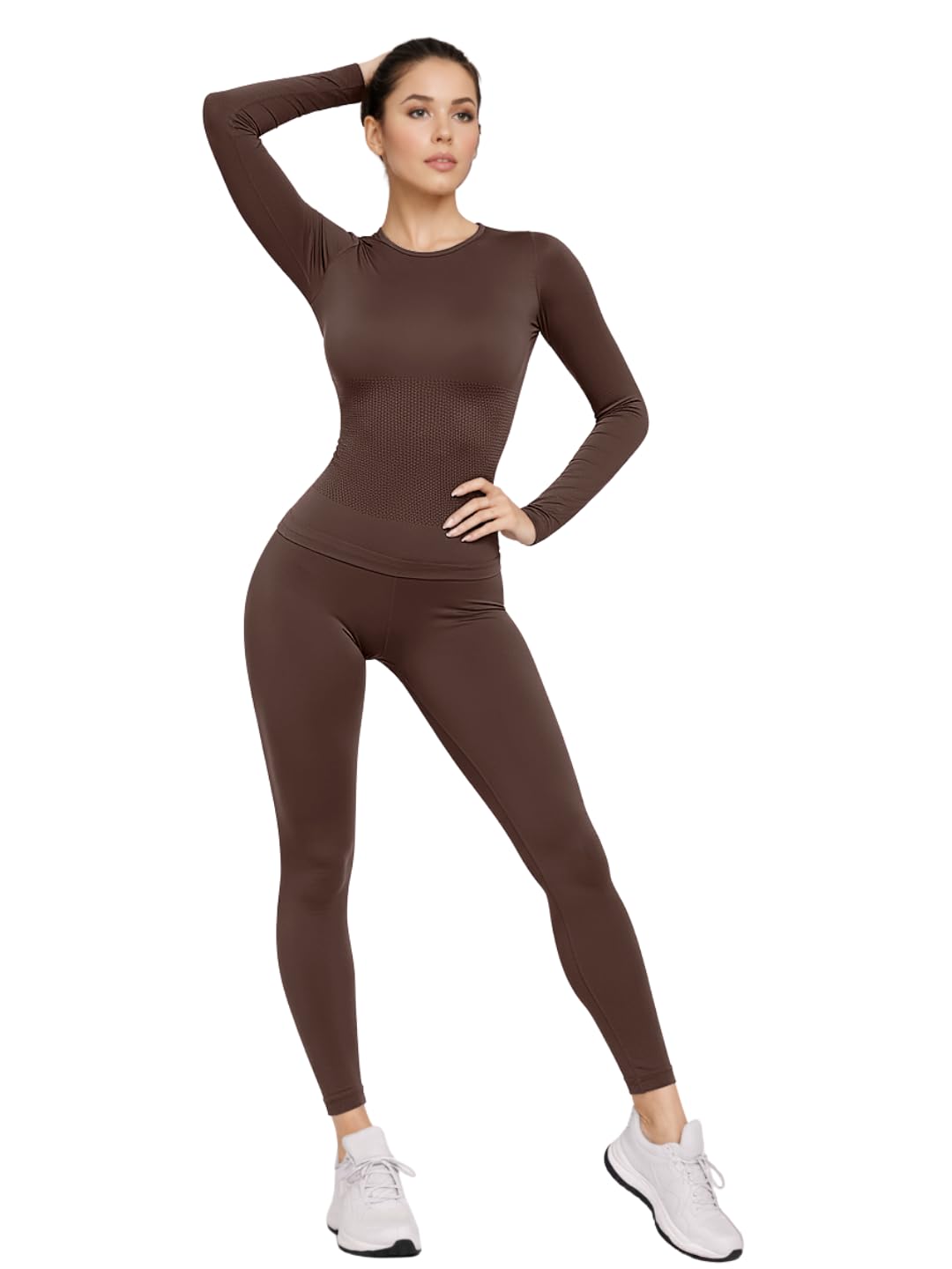 celary Korean Women Gym Wear Set | Full Sleeves Workout Top & High Waist Leggings |Fully Stretchable Slim Fit Activewear | Fitness Activewear Set for Gym, Yoga, Running, Training (W-Gset-(COFFEE)-XL)-picture-46