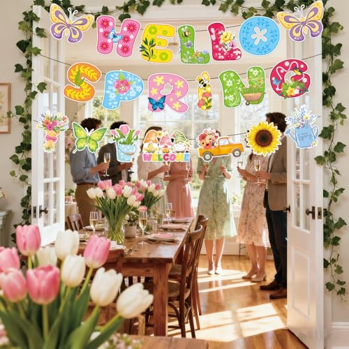 Image of 3Pcs Pre-Strung Hello Spring Banner for Classroom Office Spring Easter Hanging Decorations