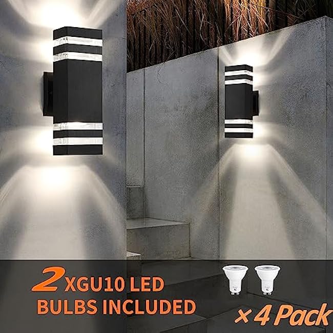 tewei 4 Pack Outdoor Wall Lights, Modern Exterior Light Fixture Wall Mount Black Outdoor Lights for House Waterproof Aluminum Up and Down Porch Lights Outdoor Wall for Porch Patio Garage, 2-Layer
