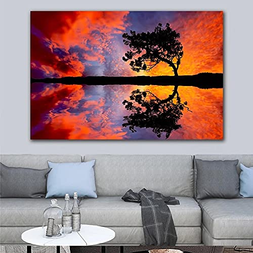 Affiche Paysage Grand Lac Arbre Solitaire Coucher de Soleil Toile Décoration Murale Salon 60x90