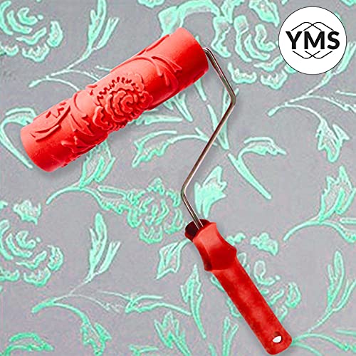Image of YMS Rose Pattern Rubber Roller with Handle, DIY Painting Tool Household Wall Art for Home Decoration (7 inch, Blue /Red)