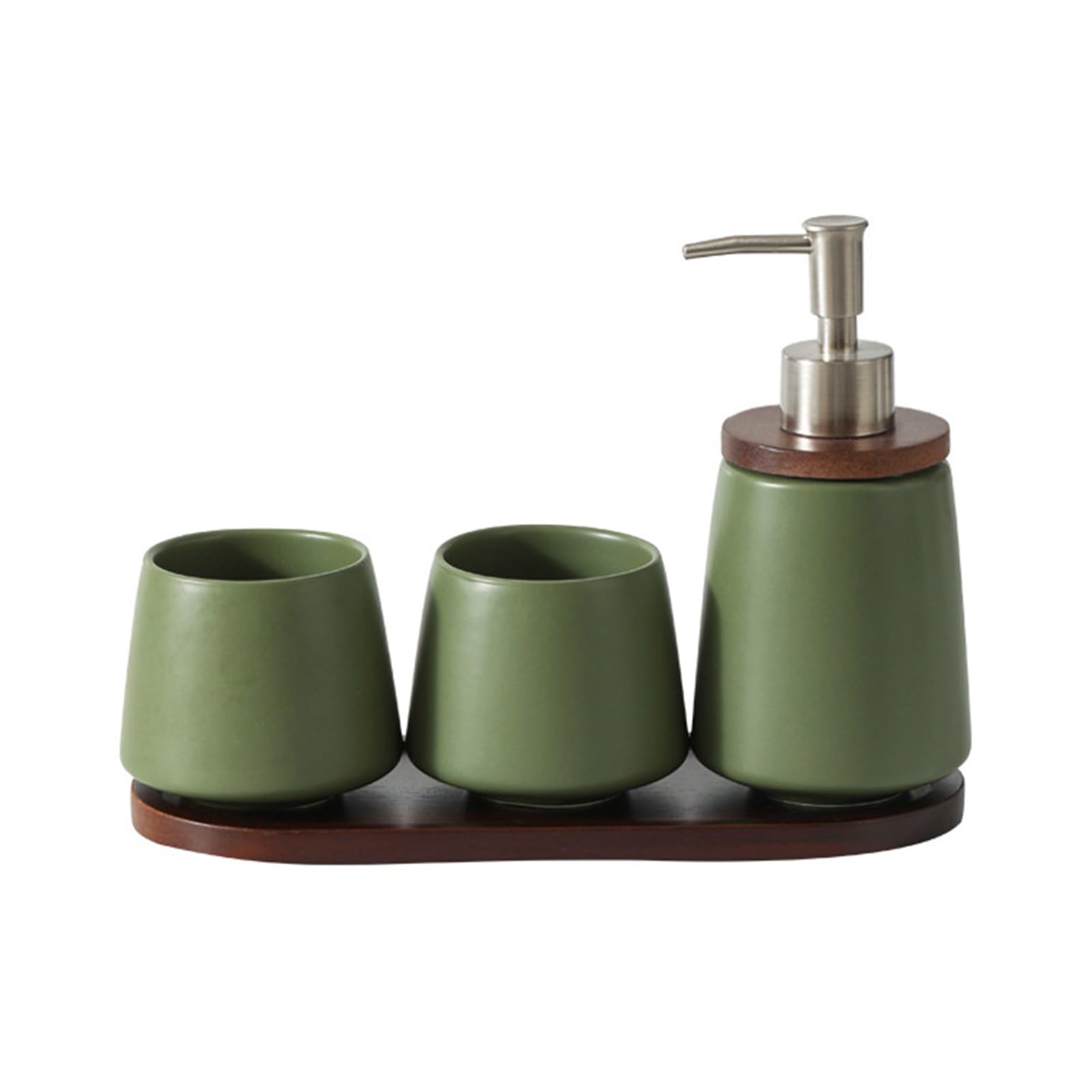 Carotoe Retro Green Aesthetic Toothbrush Cup And Soap Dispenser Set With Wood Tray Great For Small Bathoom Countertop Organization Ceramic Mouthwash Cup Soap Dispenser Set
