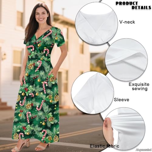 Image of Women's Fall Summer Short Sleeve Ankle Length V-Neck Party Dress with Pockets Size S-3XL
