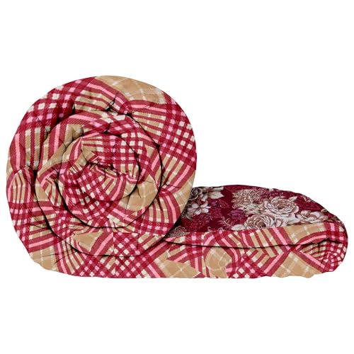 Image of Comforter Single Bed | 240GSM Microfiber Blanket Single Bed | 150x 225cm | Ac Comforter | Magenta & Beige Blanket | Floral Pattern