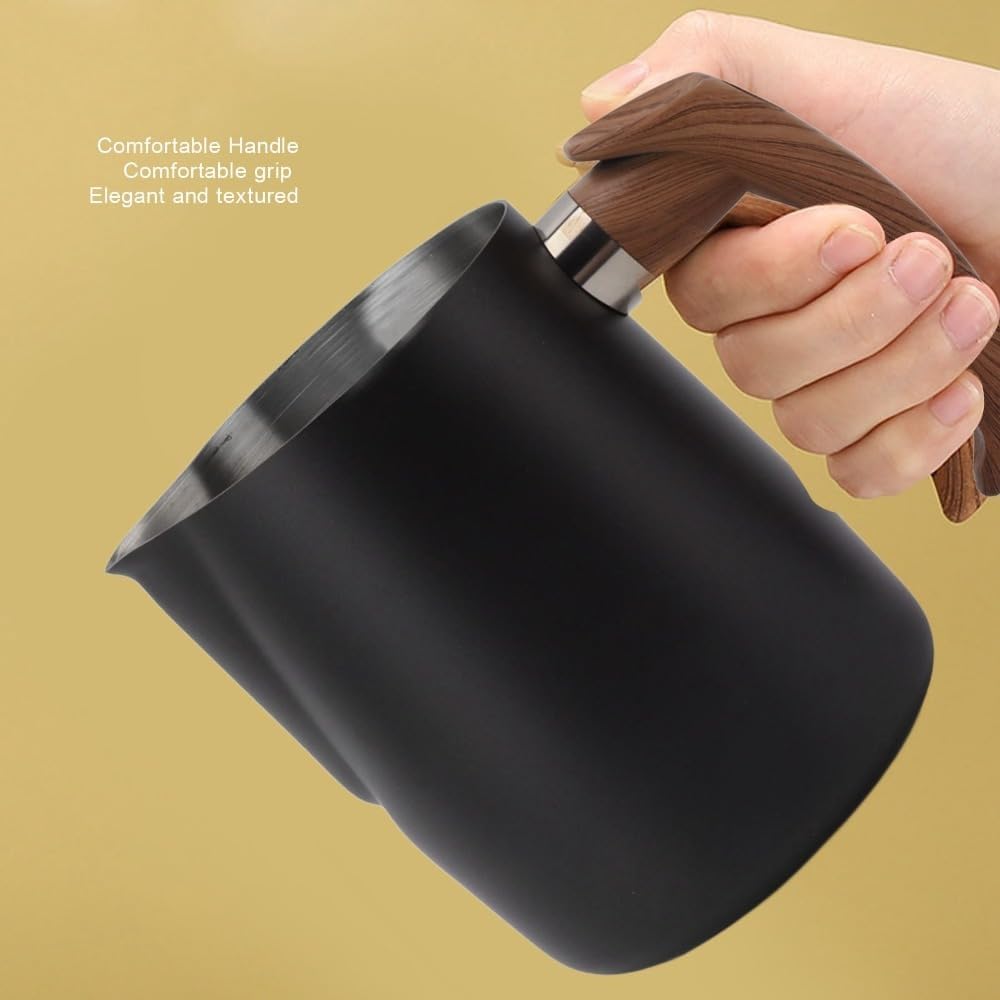 Stainless Steel Milk Frothing Cup With Anti-scald Handle Inner Scale Pointed Spout Design Cappuccino Making Latte Art Coffee Steaming Pitcher(Black)