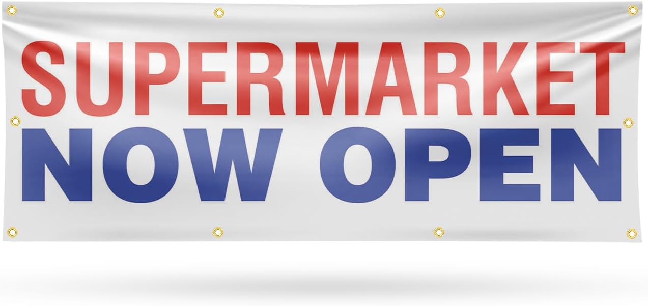 Supermarket Now Open Banner Sign 18 Inch x 48 Inch | 13 oz Vinyl with Metal Grommets | Heavy-Duty Single-Sided Outdoor Durable Printed High-Quality Weatherproof | Made in the USA