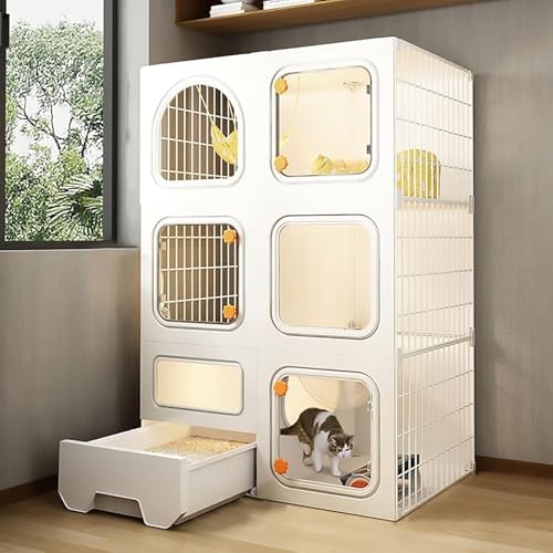 3-Tier Cat Cage Enclosure with Litter Box - Large Indoor Pet Playpen, DIY Design Cat Villa, 71cm L x 37cm W x 106cm H, Ideal for Cats & Kittens