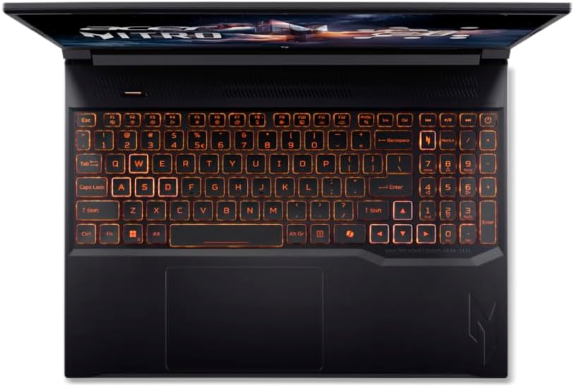 Top-down view of the Acer Nitro V 15 laptop keyboard with orange backlighting.