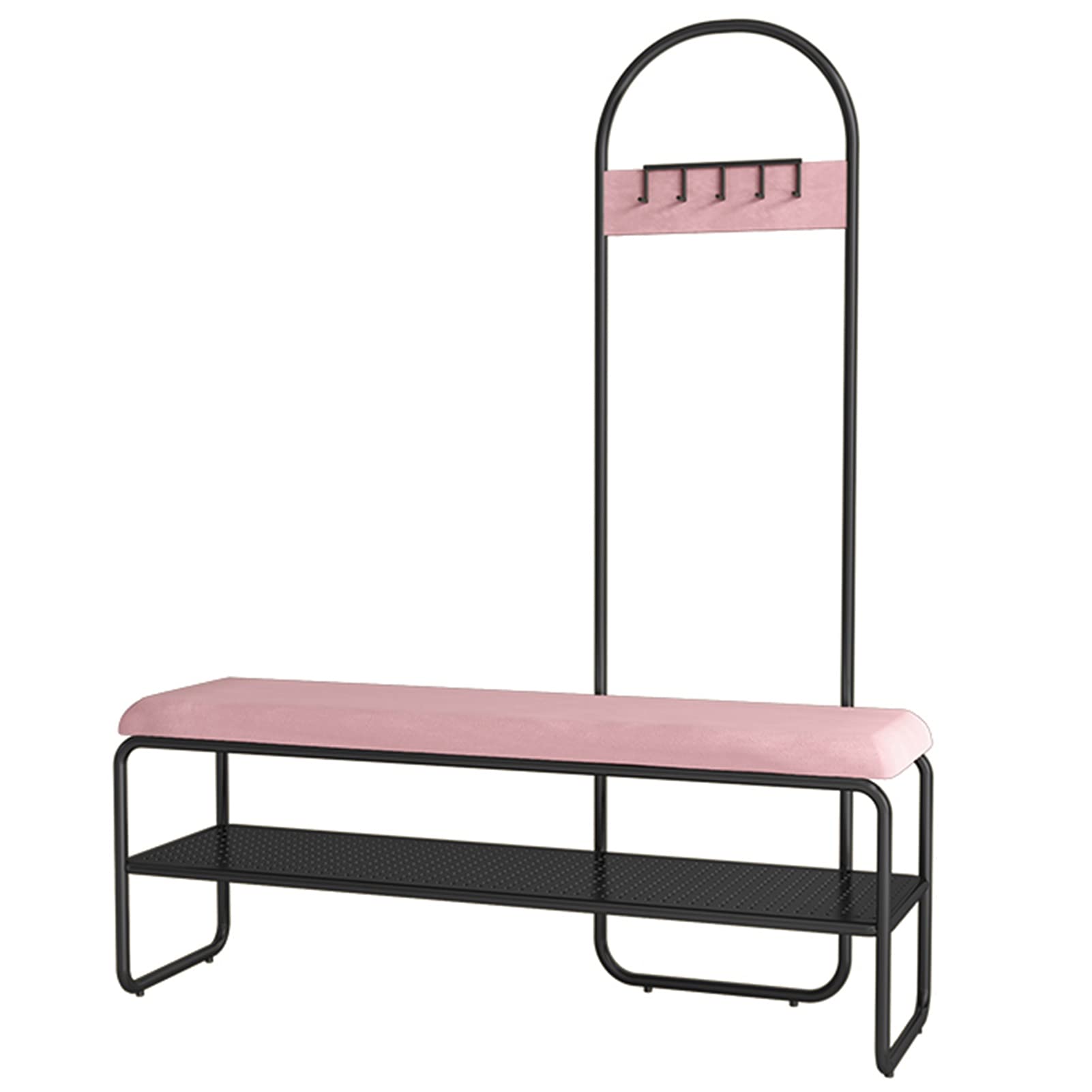 LWJSOCP Pink Coat Rack Stand with Bench - Rustproof Metal Hanger for Entryway Hall Bedroom & Office - Ideal Garment Shoe Hat & Handbag Storage - Easy Assembly (120x32x150CM)