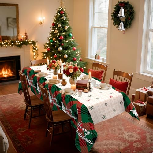 Image of Christmas Tablecloth, 2 PCS Christmas Tablecloth Disposable for Rectangle Table, 54 inch x 108 inch Plastic Snowflake Xmas Tree Decorative Table Cloth Tables Cover for Xmas Holiday Party Decorations Supplies