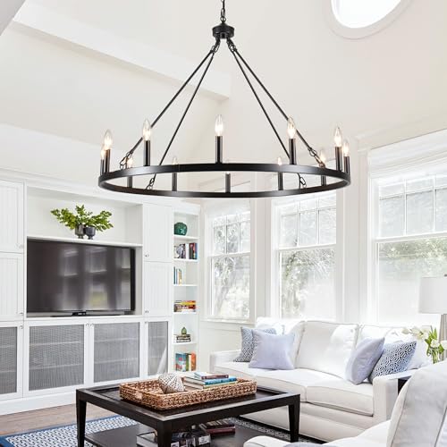 SJCCDSGS Black Farmhouse Chandelier, 38inches 12 Lights Large Wagon Wheel Chandelier Adjustable Height Industrial Dining Room Light Fixture for High Ceiling Living Room Entryway by SJCCDSGS - Image 5