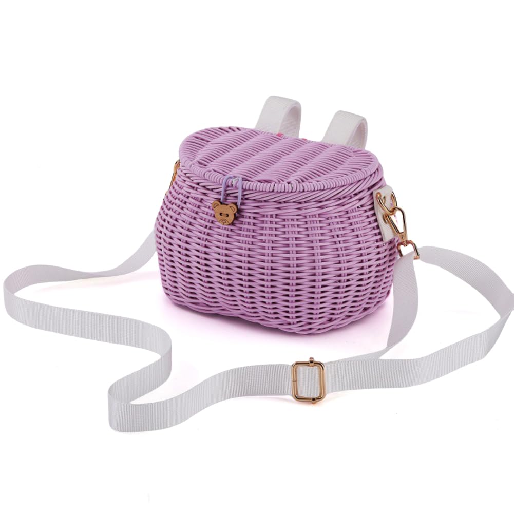 Bike Handwoven Basket Backpack with Lid Bike Scooter Tricycle Basket Adjustable Leather Straps for Kids Adult Bikes (Purple)