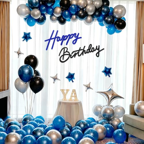 Image of TONIFUL Happy Birthday Sign for Backdrop - Glitter Black Navy Blue Felt Banner - Includes Dot Glue - Perfect for Birthday Party Backdrop,Wall Decr,Balloon Arch,Photo Background