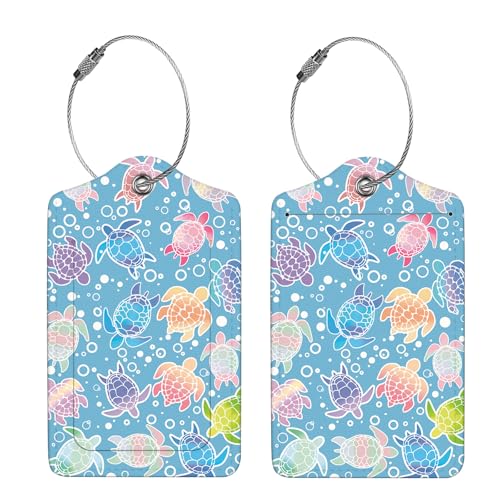 2 Pcs Luggage Tags for Suitcase, Cute Unique PU Leather Travel Bag Tag with Privacy Cover ID Label Address Card and Durable Metal Ring Suitable for Men Women Children Backpack,Colorful Sea Turtles - Image 5