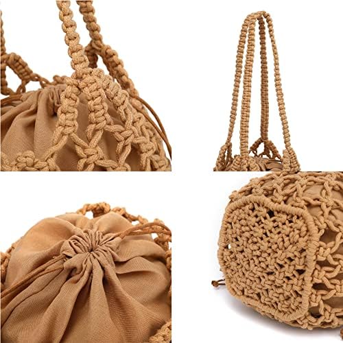 Woven Bucket Handbag for Women, Summer Beach Tote Bag Drawstring Shoulder Bag, Girls Handmade Bucket Bag for Travel Beach 4 Woven Bucket Handbag for Women, Summer Beach Tote Bag Drawstring Shoulder Bag, Girls Handmade Bucket Bag for Travel Beach