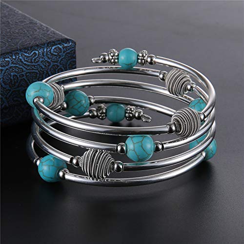 PEARL&CLUB Beaded Chakra Bangle Turquoise Bracelet - Fashion Jewelry Wrap Bracelet with Thick Silver Metal and Mala Beads, Birthday Gifts For Women(63-Turquoise Blue) - Thumbnail 5