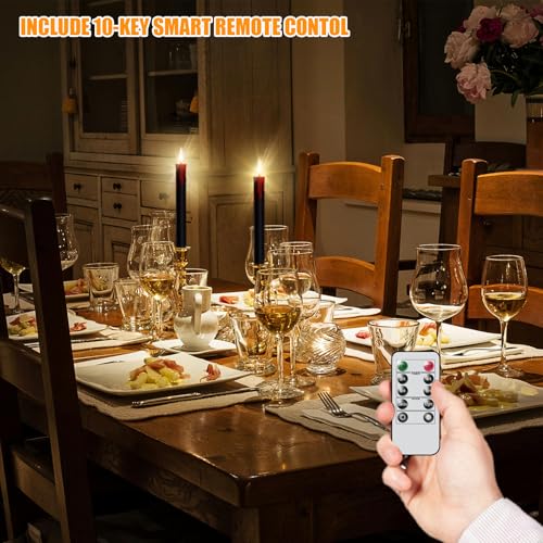 Image of GenSwin Halloween Black Taper Flameless Candles Battery Operated with Remote Timer, 4 Pcs Drip Wax Flameless LED Candle Sticks with 3D Flickering Flame for Window Fireplace Decor (0.78 x 8.9 inches)