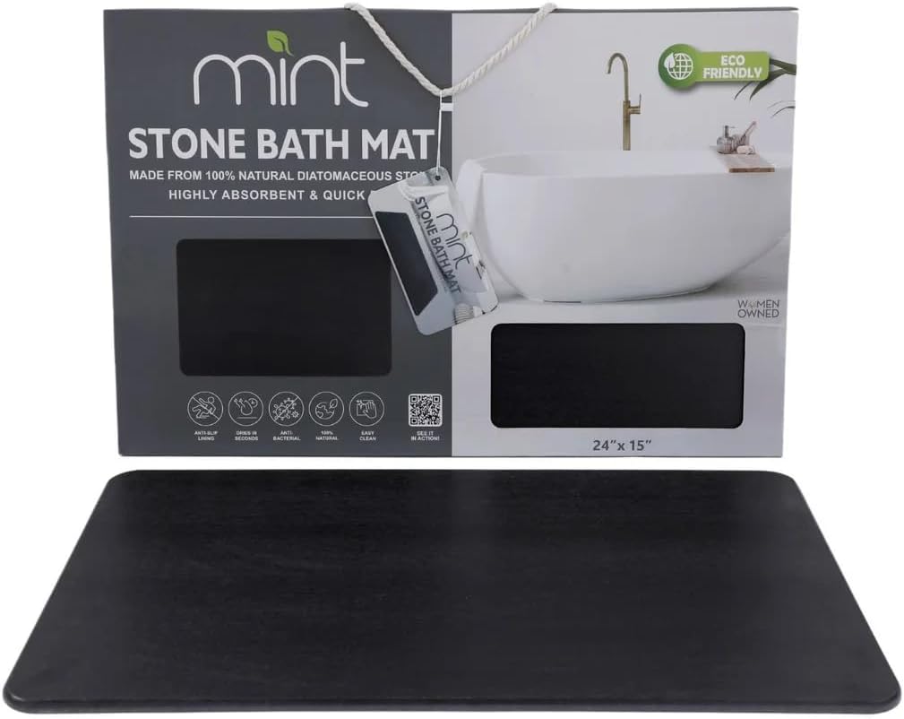 J&V TEXTILES Stone Bath Mat Diatomaceous Earth Shower Mat Non-Slip Super Absorbent Diatomite Stone Mats for Bathroom Floor Quick-Drying Easy to Clean (24''*15'') (Matte Black)
