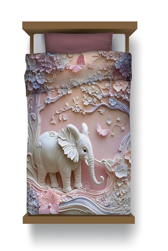 Kids Comforter with 7D Elephant Floral Print, 60 x 90 Inch | Single Bed Size, 152 x 229 cm, Girls Bedroom, Butterfly Design, Pastel Colours-image-38