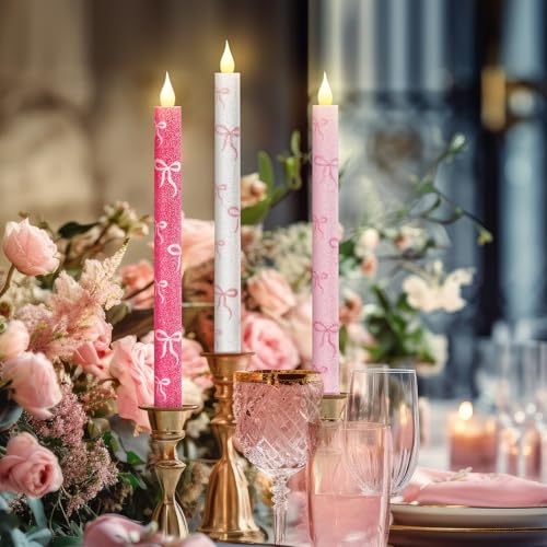 Image of Honoson 6 Pcs Pink Bow Flameless Candles 10.6 inch for Wedding Bridal Shower