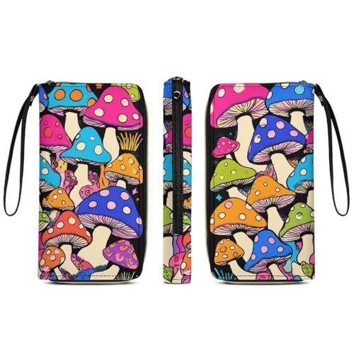 Travel Slim Wallet for Women, Large Capacity Credit Card Holder Neon Mushrooms Pattern Colorful Purse Pu Leather Waterproof Long Wallet