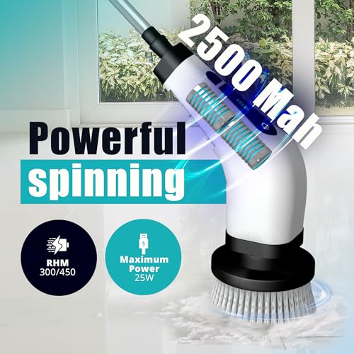 Image of Elebe Electric Spin Scrubber - 7 Replaceable Brush Heads, Electric Cleaning Brush 2 Speeds, Adjustable & Detachable Long Handle, Bathroom Cleaner Brush Electric 300 /450 RPM