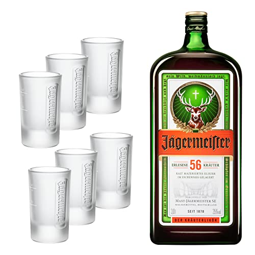 Jägermeister Set – 1 x 6er Set Shotgläser 4cl und 1 x 3l Premium Kräuterlikör 35% Vol. mit integrierter Ausschankhilfe für den perfekten Party Shot – Das Original aus Wolfenbüttel