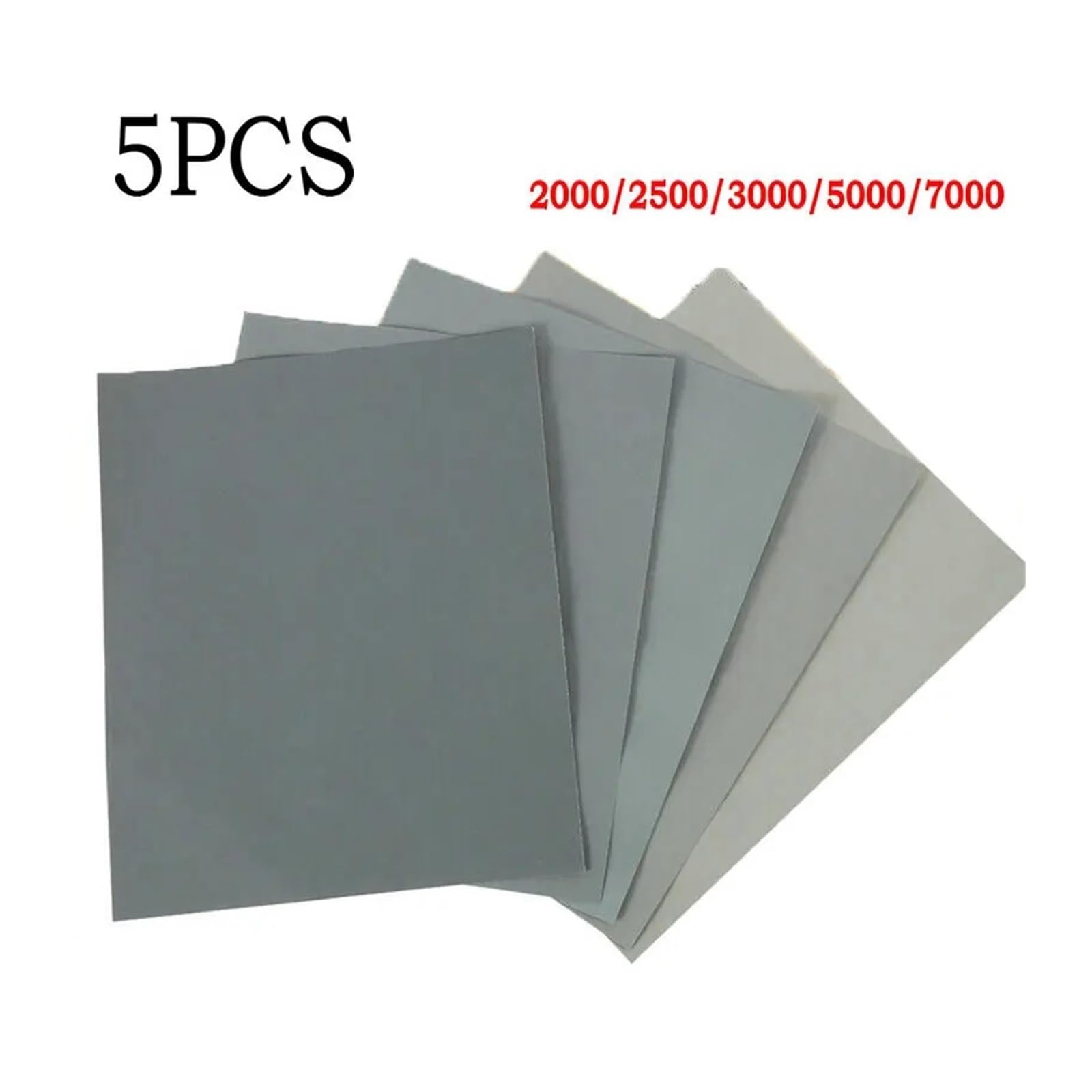 Papel de Lija, Paquete 5 Hojas Papel al Agua, Grano Suave 2000, 2500, 3000, 5000 y 7000, for Uso en seco húmedo, 23 x 9,3 cm