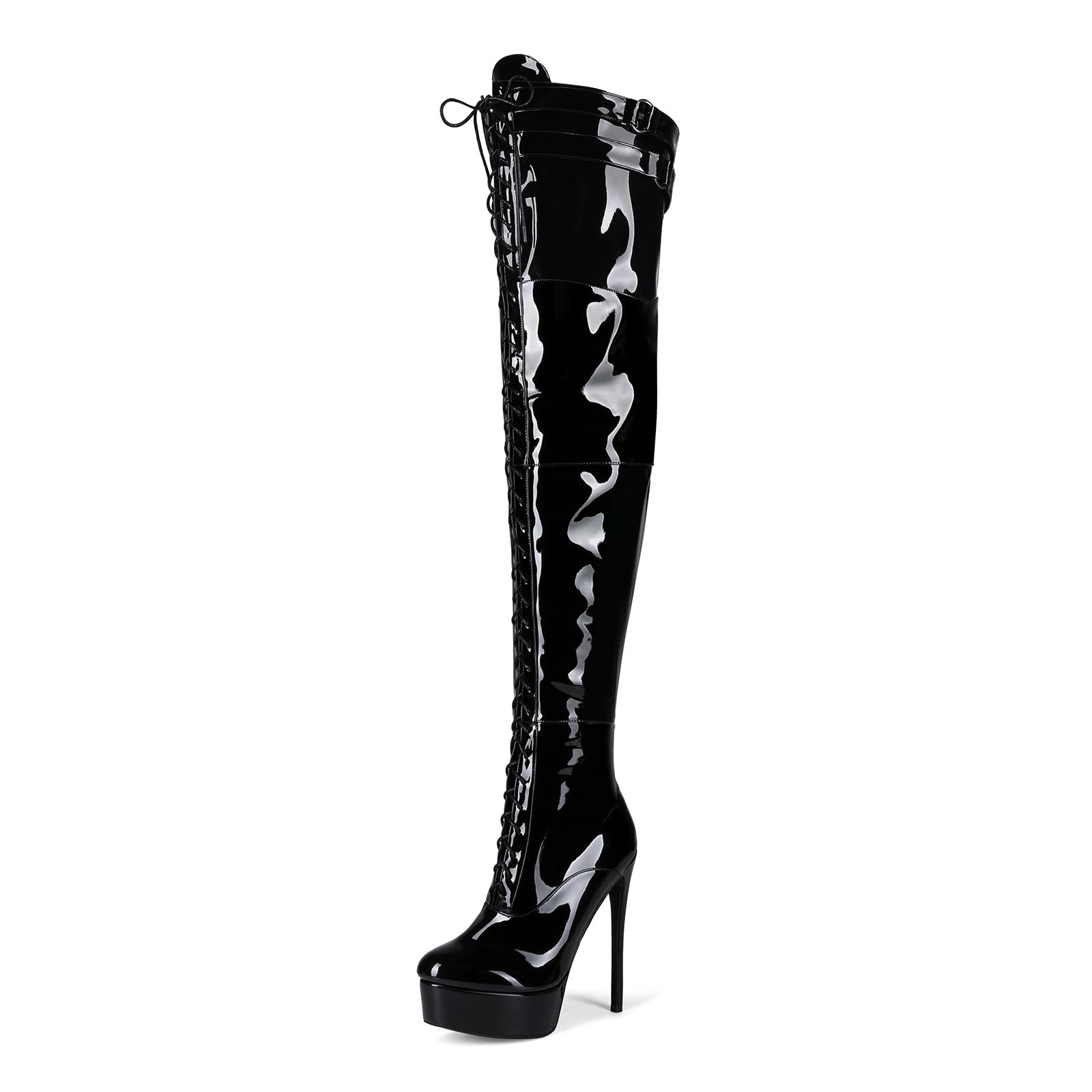 Veelau Meieer Dameslaarzen, plateau, stiletto, overknees, veterlaarzen met ritssluiting, hoge hakken, laarzen met riempjes, zwart, 40 EU