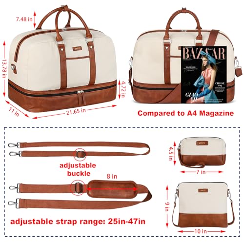 Image of Weekender Bag Large Overnight Bag for Women Canvas Travel Duffel Bag Carry On Tote with Shoe Compartment 21 inch for Women & Men 3Pcs Set, Ac20-beige