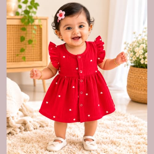 Image of Lilimi Toddler Baby Girl Cotton Muslin Dress, Breathable Flutter Sleeve Button-Front Cute Frocks