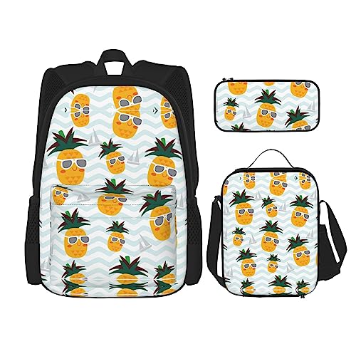Sac à dos dinosaure mignon 3 pièces avec sac repas et trousse imprimé ananas