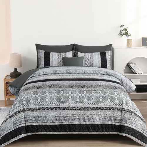 Image of Cottolester Boho King Size Comforter Set 8 Pieces,Gray Bohemian Striped Bed in a Bag,Floral Soft Microfiber Bedding Comforter Set