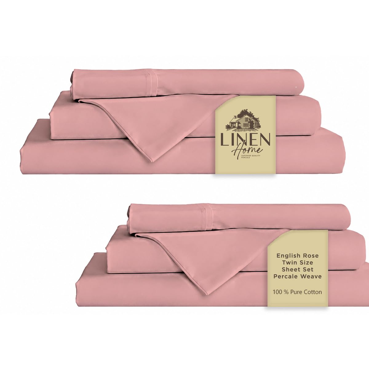 Linen Home 100% Cotton Percale Sheets Twin Size Pack of 2, English Rose, Deep Pocket, 6 Pieces Set- 2 Flat, 2 Fitted and 2 Pillowcases, Crisp Cool and Long Staple Strong Bed Linen