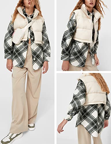 Yeokou Women's Cropped Puffer Vest Zip Up Stand Collar Sleeveless Outerwear With Pockets(Beige-L) #TOP4