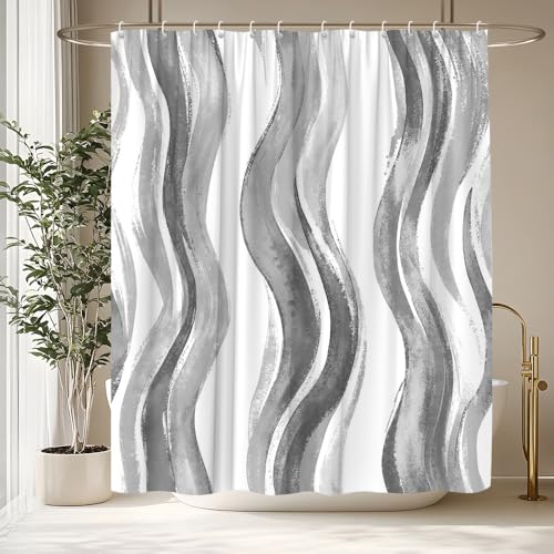 LMMRLM Grey Striped Shower Curtain,Modern Abstract Art Gray White Wavy Line