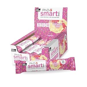 PhD Nutrition Smart Bar Protein Riegel Geburtstagskuchen 12 x 64g – High Protein Snack mit 20g Eiweiß und wenig Zucker, Makrofreundlicher Eiweißriegel