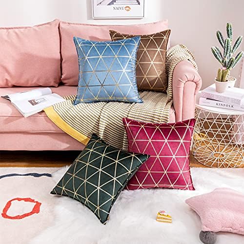 MIULEE Velvet Cushion Covers Gilded Throw Pillow Covers with Gold Lines Modern Pillowcase Square Decorative Soft Home for Sofa Living Room Bedroom Brown 18 x 18 Inch 45x 45 cm Pack of 2