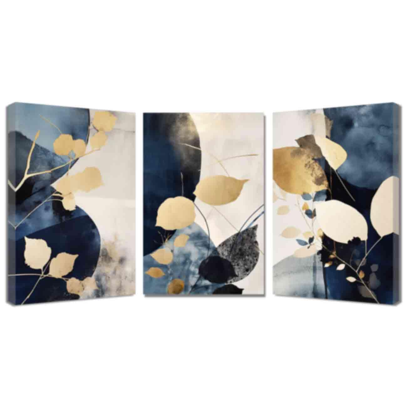 ZQQART 3 Pieces Abstract Canvas Wall Art Blue White Gold Tree Golden Butterfly Painting Navy Blue Leaves Posters Large Living Room Wall Decor (Gold,12.00"x16.00"x3)