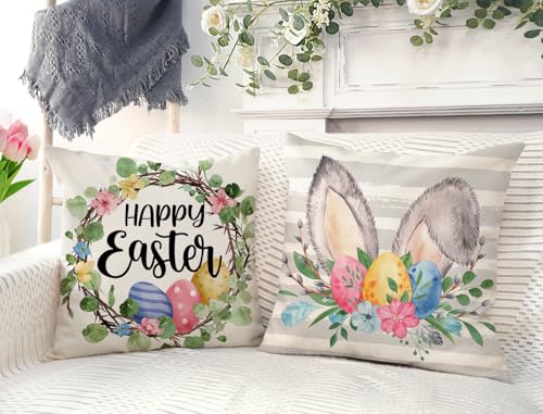 4TH Emotion Gray Easter Pillow Covers 20x20 Set of 4, He is Risen Bunny Floral Eggs Farmhouse Decorations Spring Holiday Decor Throw Cushion Case for Home Couch TH211-20 by 4TH Emotion - Used condition - Image 3