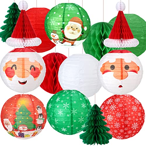 17 Pcs 3D Christmas Hanging Paper Lanterns Decorations Set for Santa Claus Paper Lantern Santa Hat Christmas Trees Honeycomb Balls Hanging Party Lanterns for Christmas Decoration Favor