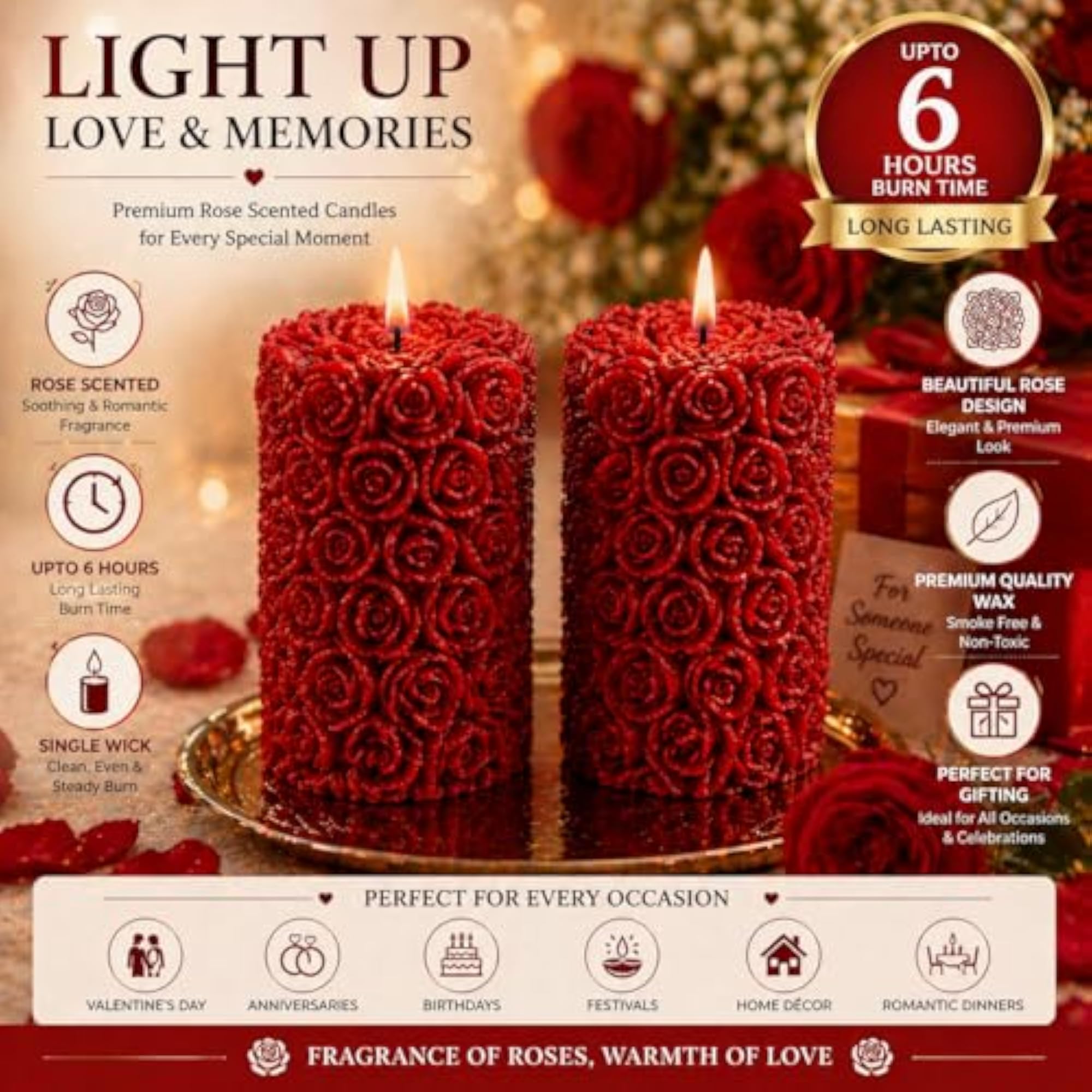 Candles for Home Decor, Rose Fragrance Pillar Shape, Set of 2