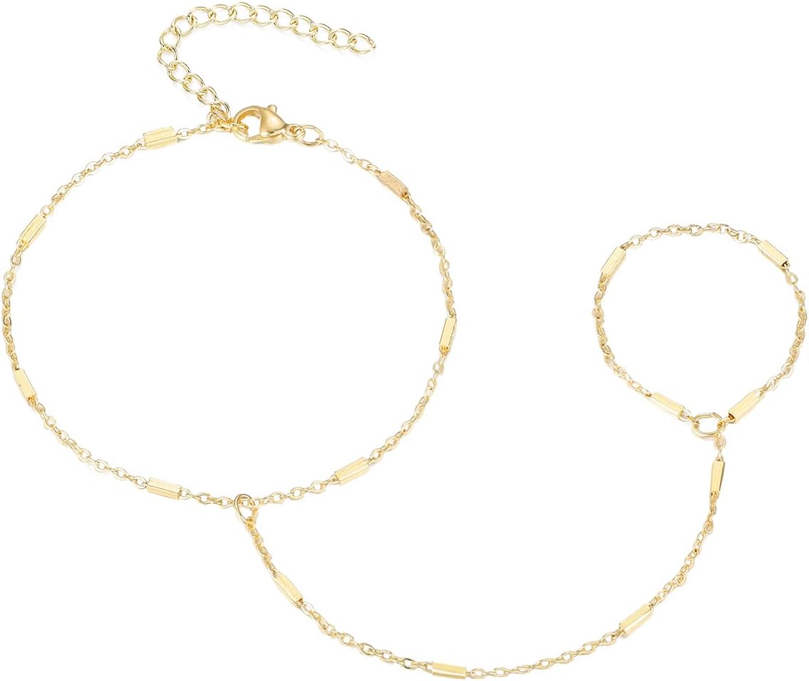 Yowivon Gold Ring Hand Chain Bracelet for Women, 14K Gold Plated Bracelets | Dainty Stackable Ring Bracelet Hand Chain for Women Set, Adjustable Hypoallergenic Trendy Link Chain Bracelets Jewelry Gift