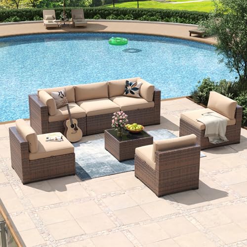 Aoxun 7 Piece Patio Furniture Set Wicker Rattan Patio Conversation Set Outdoor Sectional Sofa Set with Coffee Table and Thickened Cushions, Beige (Waterproof Cover Included) – product image 3